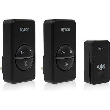 Byron Twin Set Plug-in Reciever Wireless Doorbell Set Free Push Button with Kinetic Battery in Black
